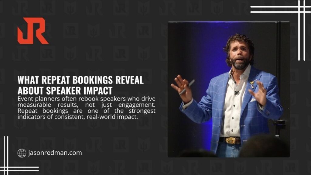 ason Redman speaking passionately on stage in blue blazer — what repeat bookings reveal about speaker impact and measurable real-world event results.